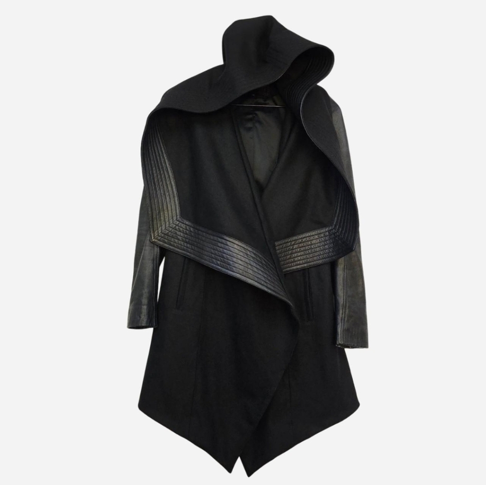 Jonny Cota Skingraft Black Hooded Wool + Leather Handmade Designer Coat